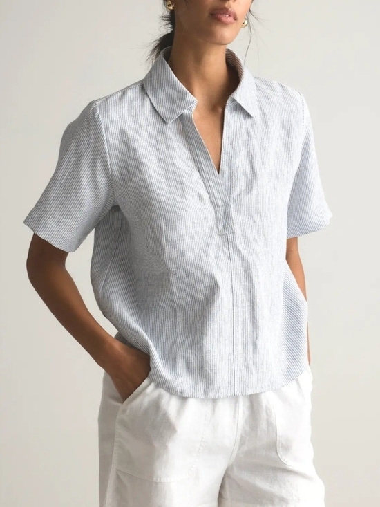 Quince Tops - Quince Light Blue Striped Short-Sleeve 100% European Linen Popover Top